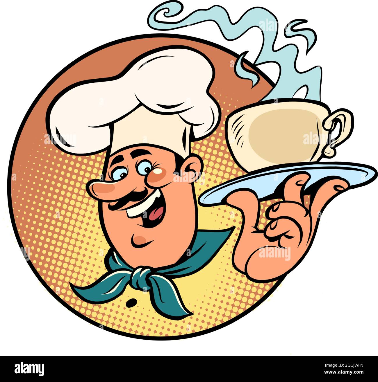 a cup of hot coffee in the hands of the cook. Waiter in the cafeteria and restaurant Stock Vector