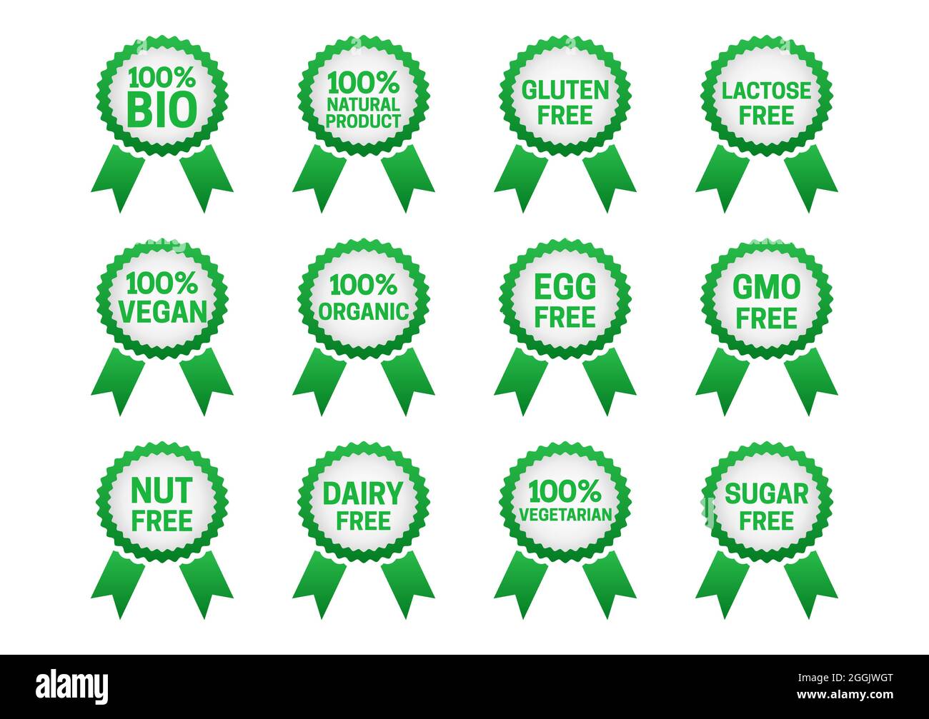 Set of 100% Bio, Natural, Organic, Vegan, Vegetarian Badge Icons and Gluten, Lactose, Egg, GMO, Nut, Dairy, Sugar Free Fresh Food Ribbons for Natural Stock Vector