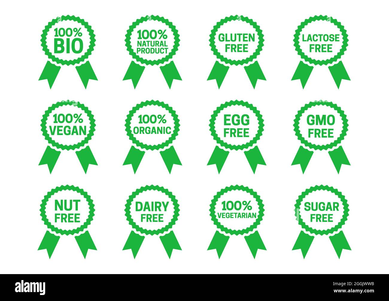 Set of 100% Bio, Natural, Organic, Vegan, Vegetarian Badge Flat Icon Collection Isolated Stock Vector