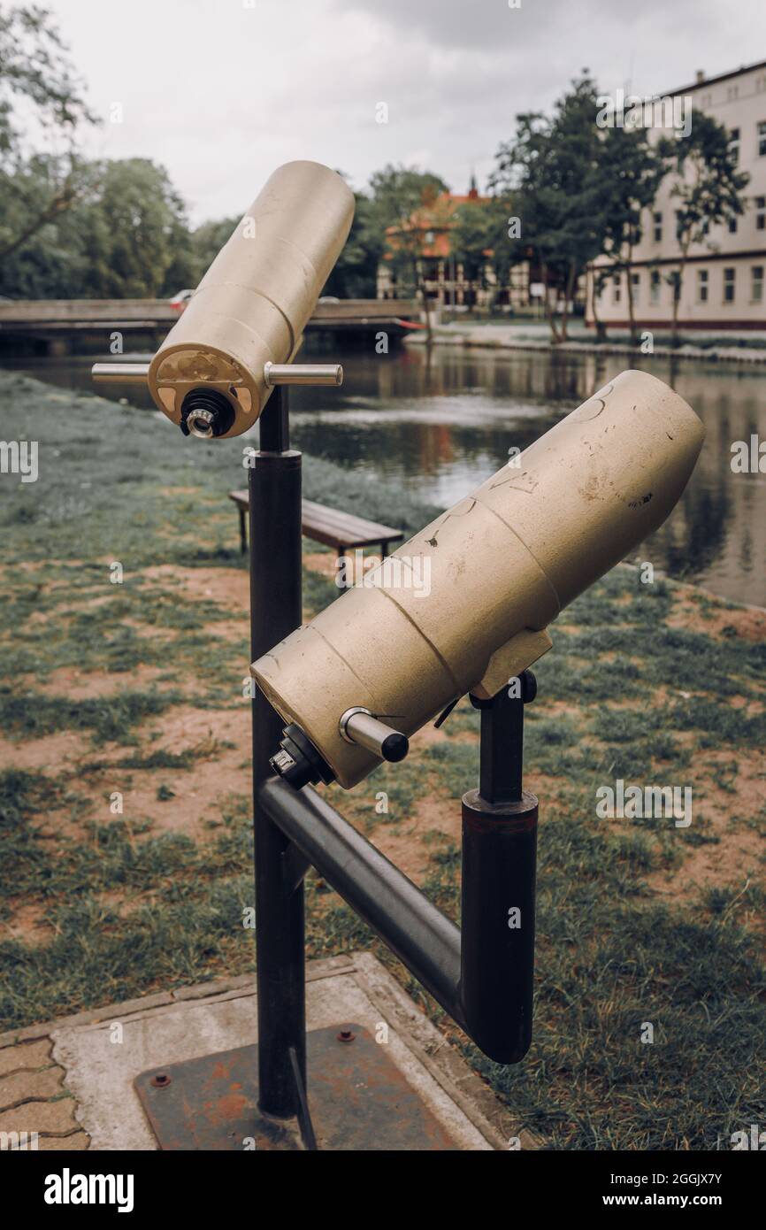 Double observation telescope,  river in the background, Darłowo Poland Stock Photo
