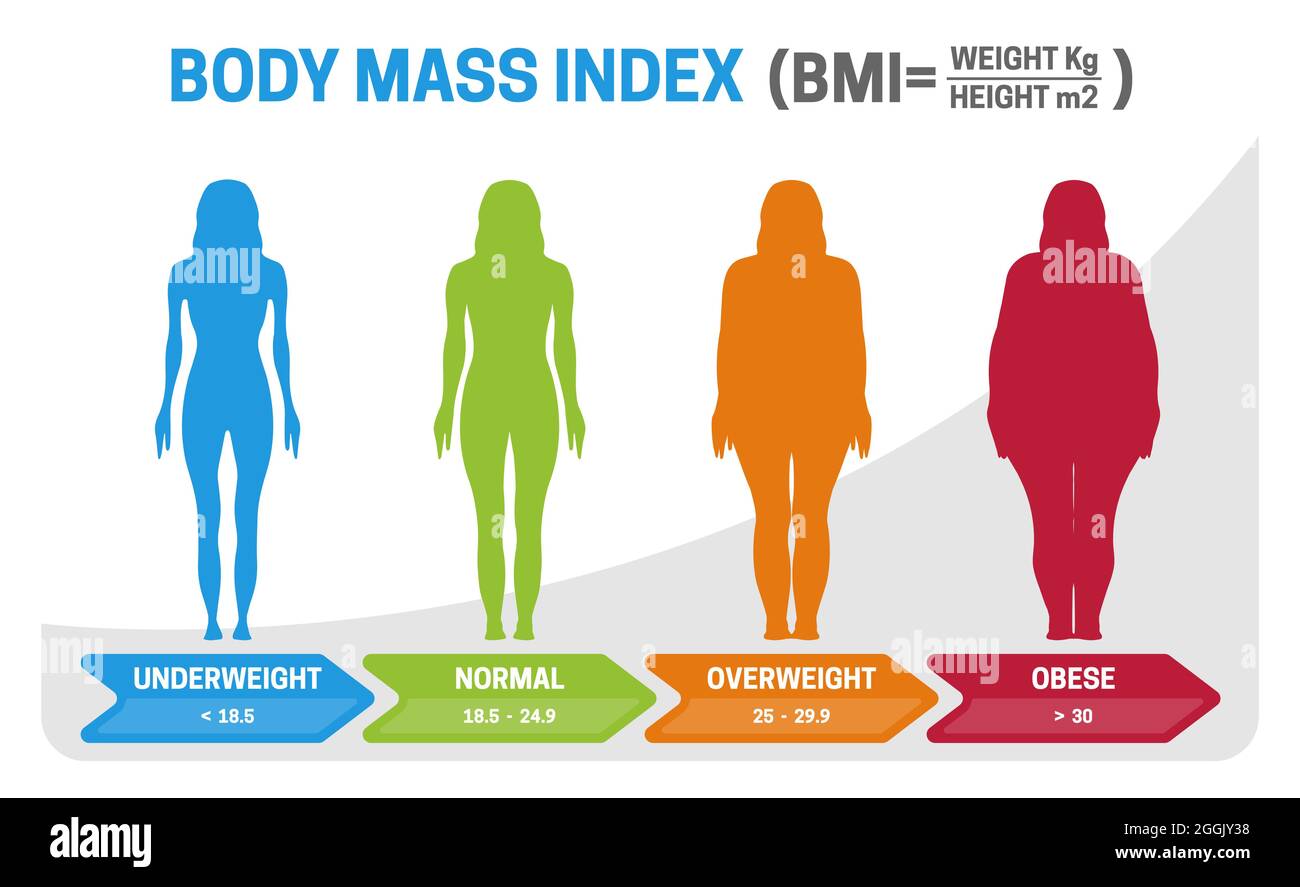 BMI Body Mass Index Vector Illustration with Woman Silhouette from Underweight to Obese. Obesity degrees with different weight. Stock Vector