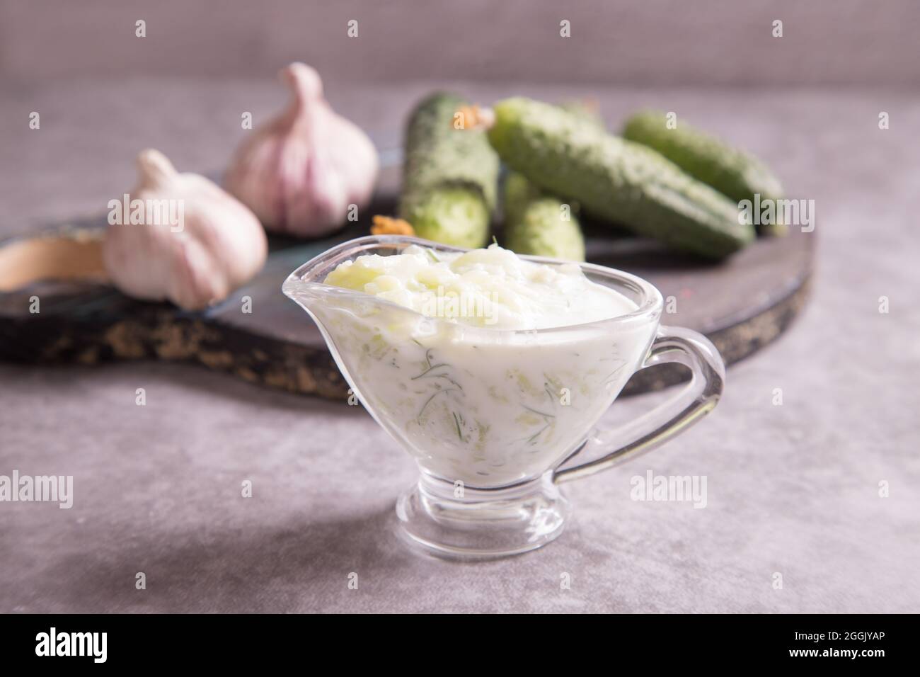 Dip sauce made from fresh cucumbers, yogurt and garlic. A traditional