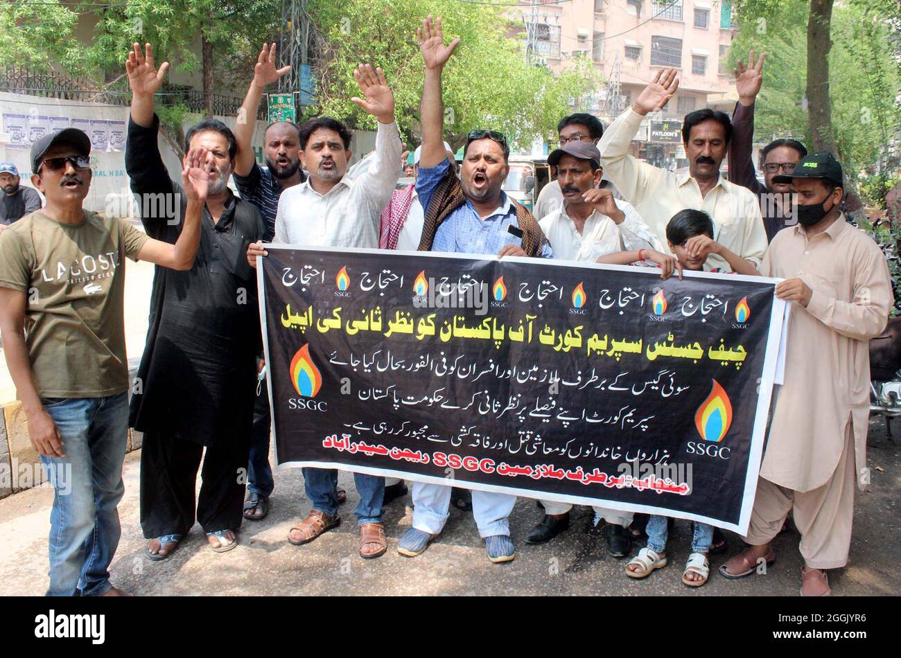 Terminated Employees of Sui Southern Gas Company (SSGC) are holding protest demonstration against unemployment and price hiking, at Hyderabad press club on Wednesday, September 01, 2021. Stock Photo