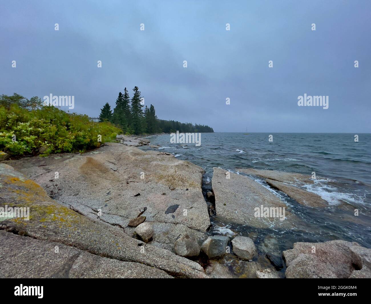 Rough, rocky Maine coastline on an overcast day on Flye Point, Brooklin Maine and near “The Lookout Lodge” Stock Photo