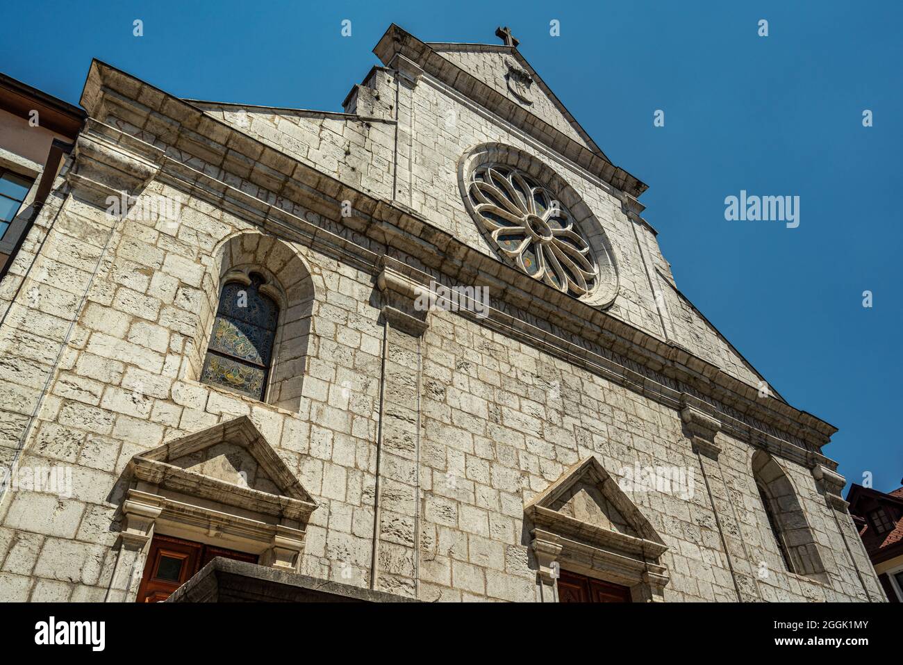 The facade of the renaissance cathedral of Saint Peter in Annecy in France. The church is a historical monument of France since 1906. Haute Savoie Stock Photo