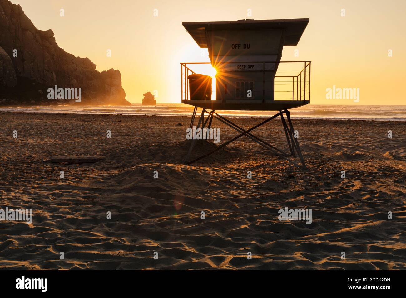 Lifeguard hut on Morro Strand State Beach at sunset, Morro Bay, California, USA Stock Photo