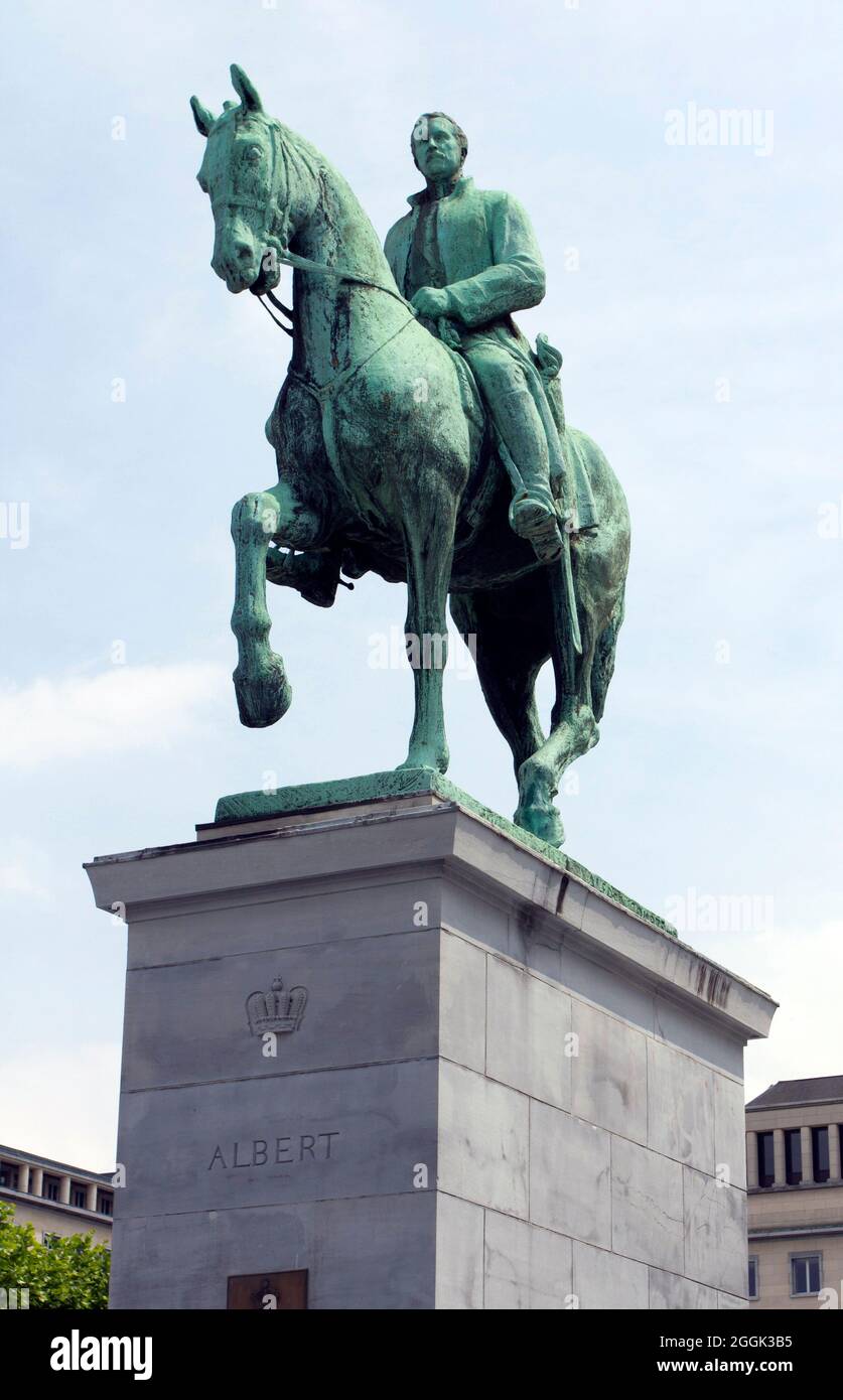 Equestrian statue of King Albert I in front of the Royal Library of Belgium by Alfred Courtens (1951). Stock Photo