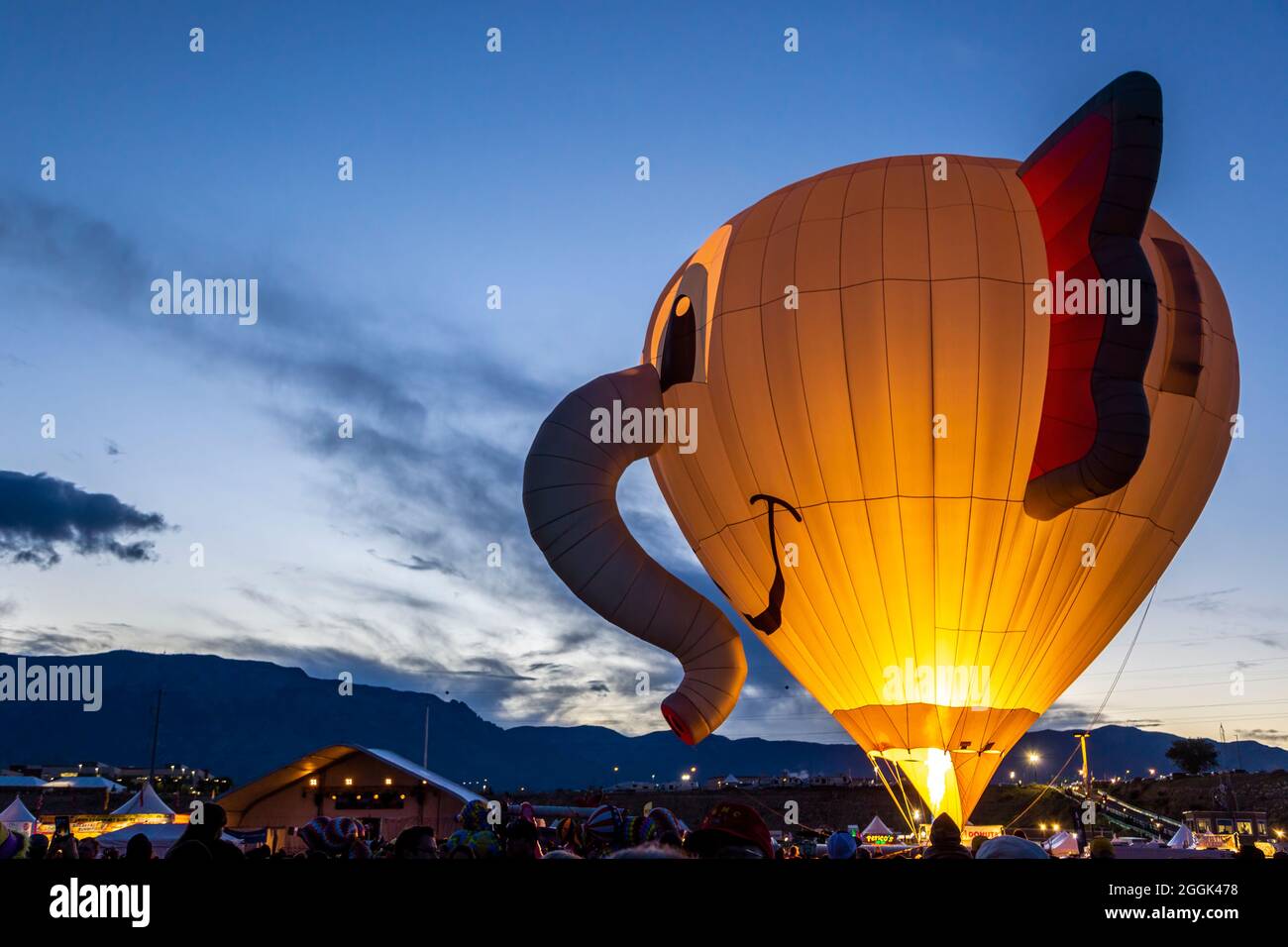 Illuminated 'El-Fonz' special shape hot air balloon, Albuquerque International Balloon Fiesta, Albuquerque, New Mexico Stock Photo