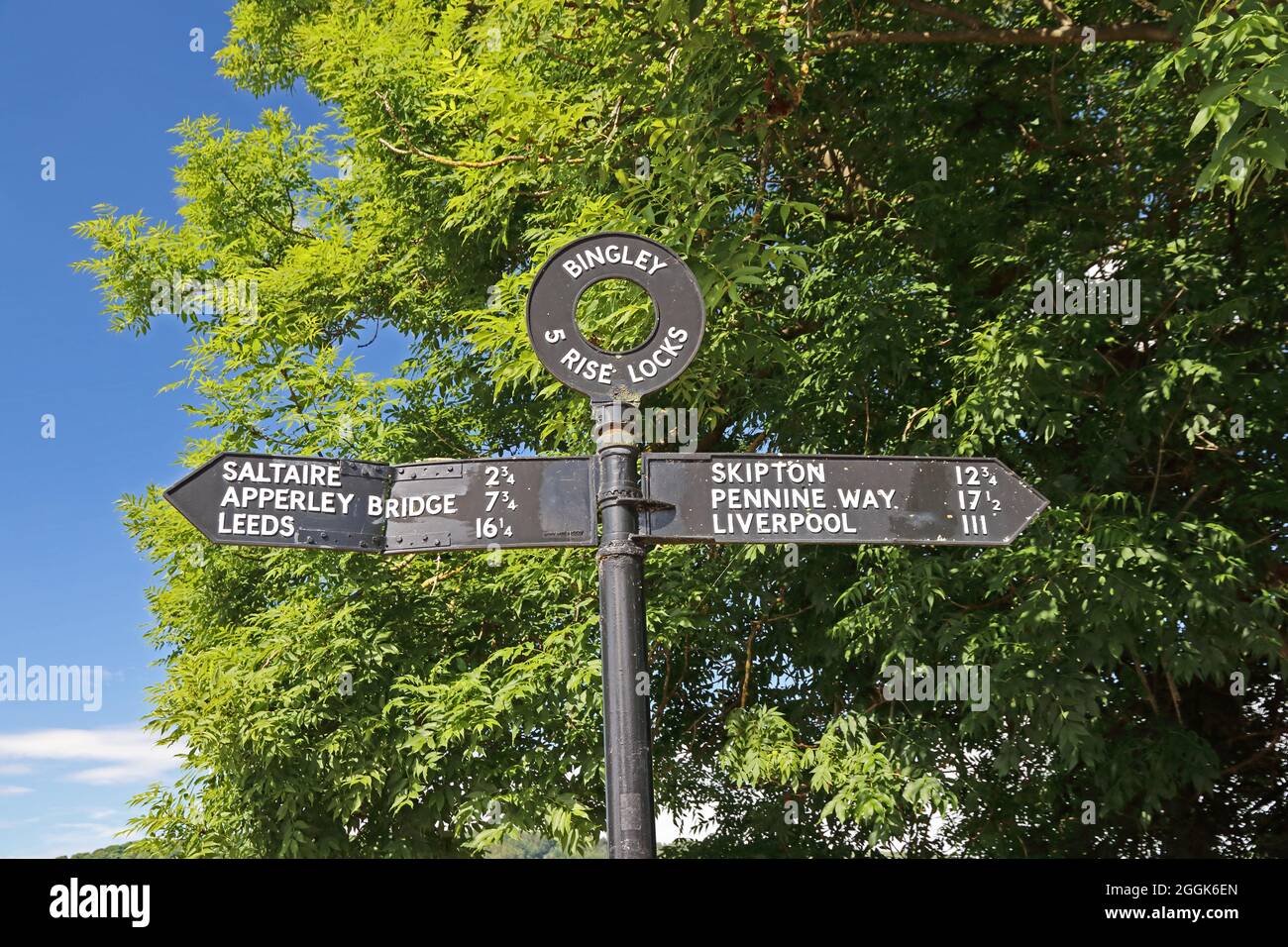 Signpost at top of Five Rise Locks, Leeds Liverpool Canal, Bingley Stock Photo