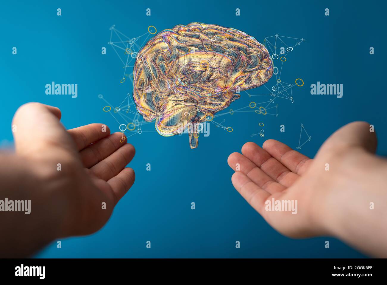 3D rendering of a floating human brain above hands Stock Photo - Alamy