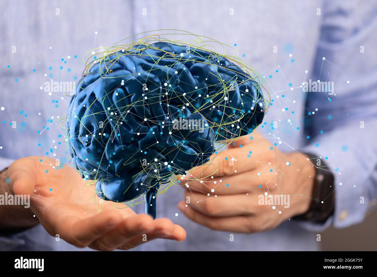 3D rendering of a floating human brain above hands Stock Photo - Alamy