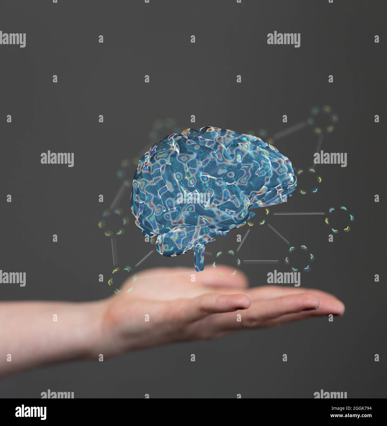 Vertical shot of a floating 3D human brain above hands Stock Photo - Alamy