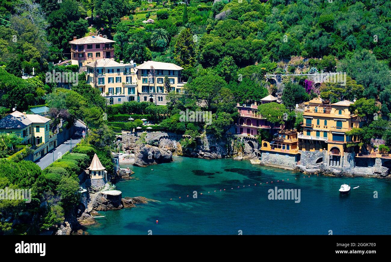 Homes overlooking a private cove in portofino italy Stock Photo