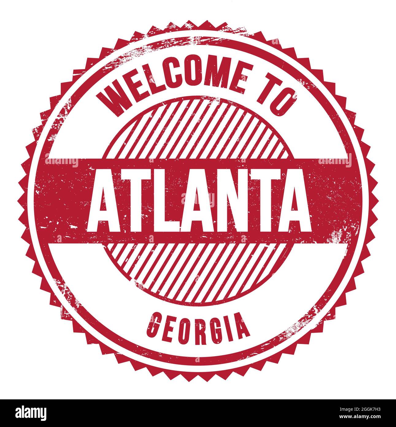 TO ATLANTA words written on red zig zag stamp Stock