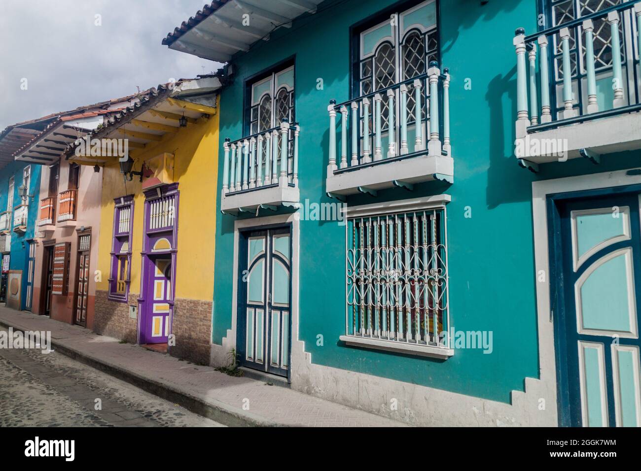 Colorful colonial houses in Lourdes lane in Loja, Ecuador Stock Photo