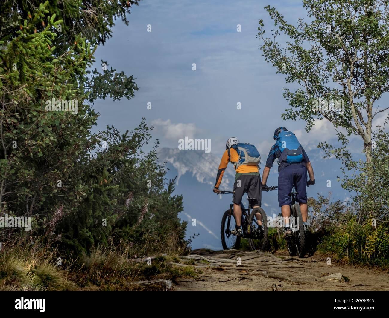 Mountain bikers on single trails in the northern part of the Vercors, La Moliere, above Grenoble, Auvergne-Rhones-Alpes department Stock Photo