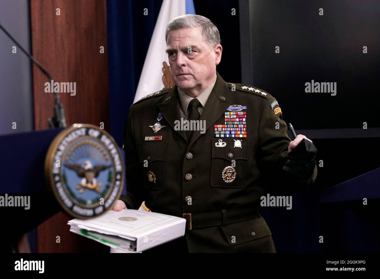 Joint Chiefs of Staff Chairman Army General Mark Milley departs after a press briefing about the end of the military mission in Afghanistan at Pentagon in Washington on September 1, 2021. Photo by Yuri Gripas/ABACAPRESS.COM Stock Photo