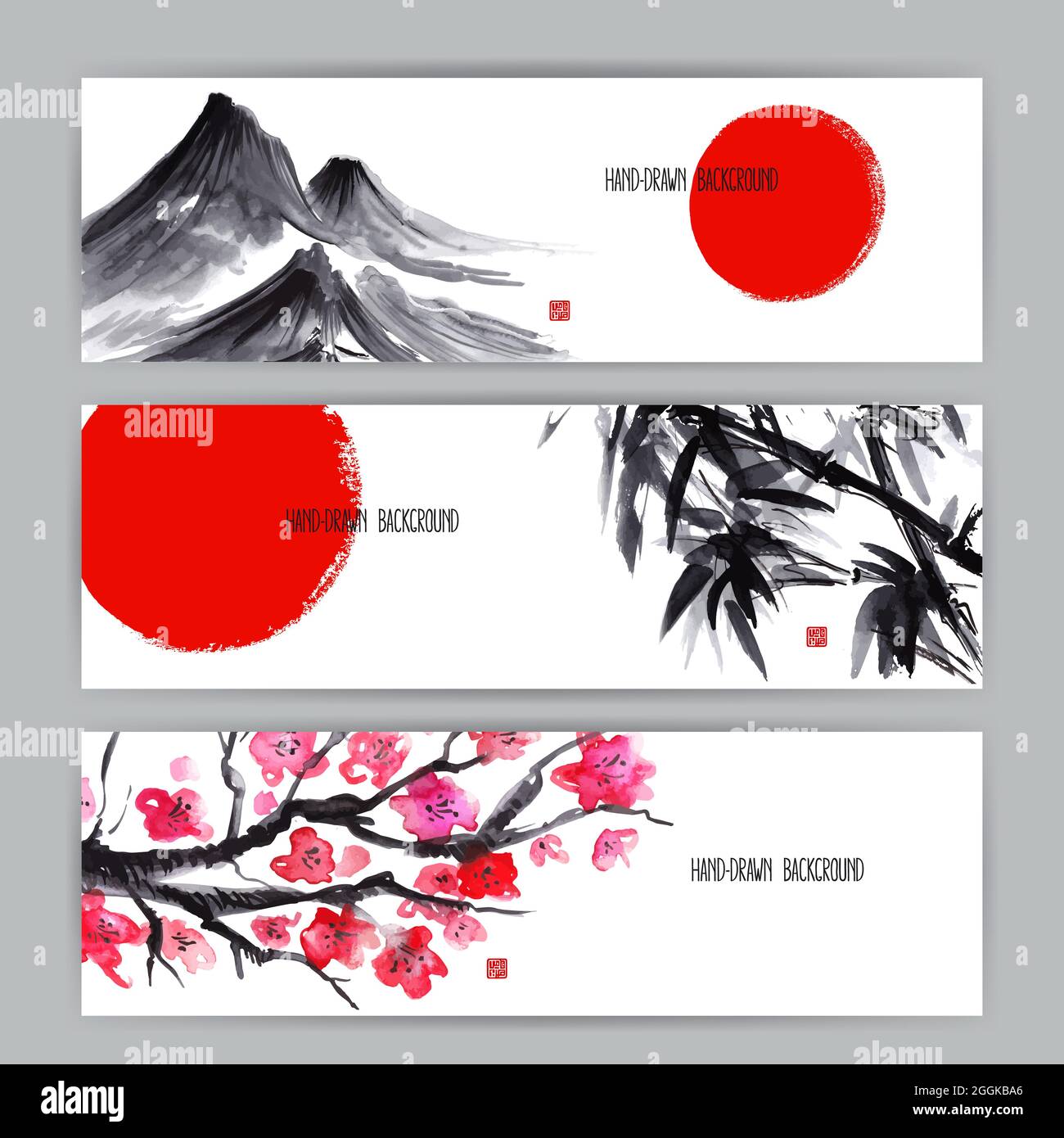 three beautiful banners with Japanese natural motifs. Sumie. hand