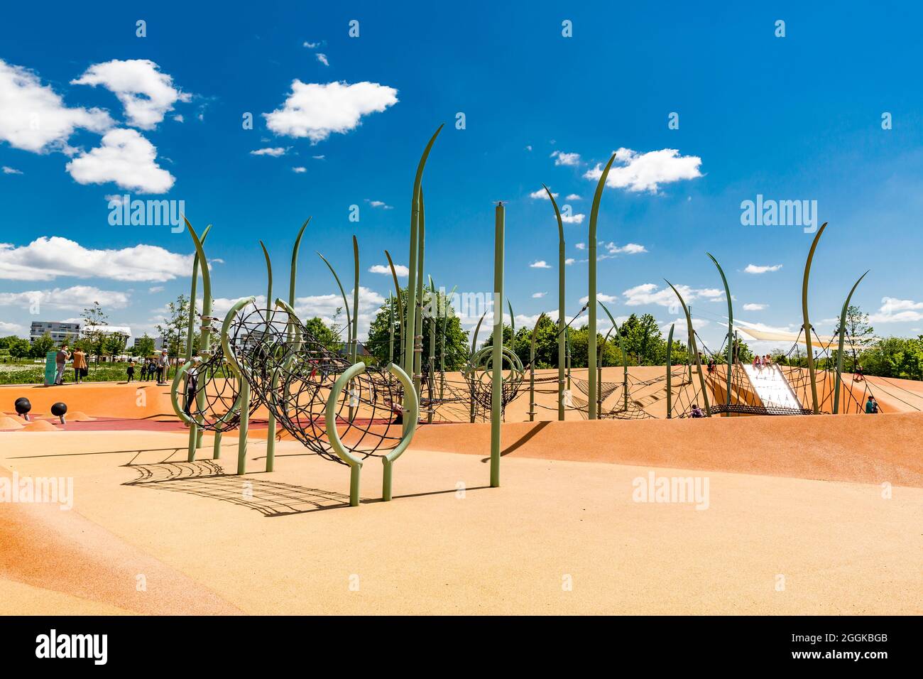 Children's playground with water feature and climbing frame, Inspiration Nature, State Garden Show, Ingolstadt 2020, new term 2021, Ingolstadt, Bavaria, Germany, Europe Stock Photo