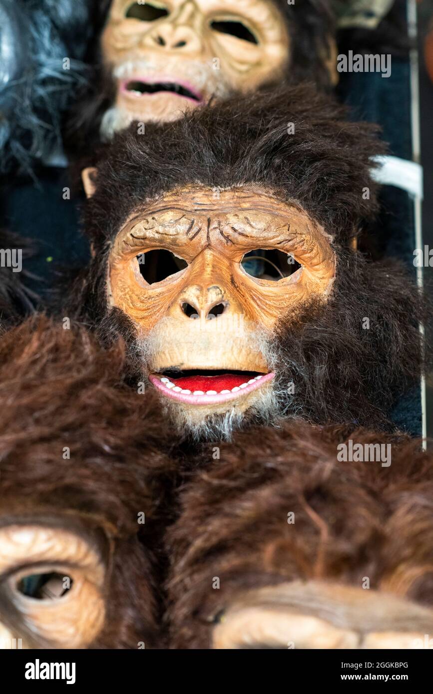 Monkey masks in the cloakroom of the Totem tent show, Cirque du Soleil 2020, Theresienwiese, Munich, Bavaria, Germany Stock Photo
