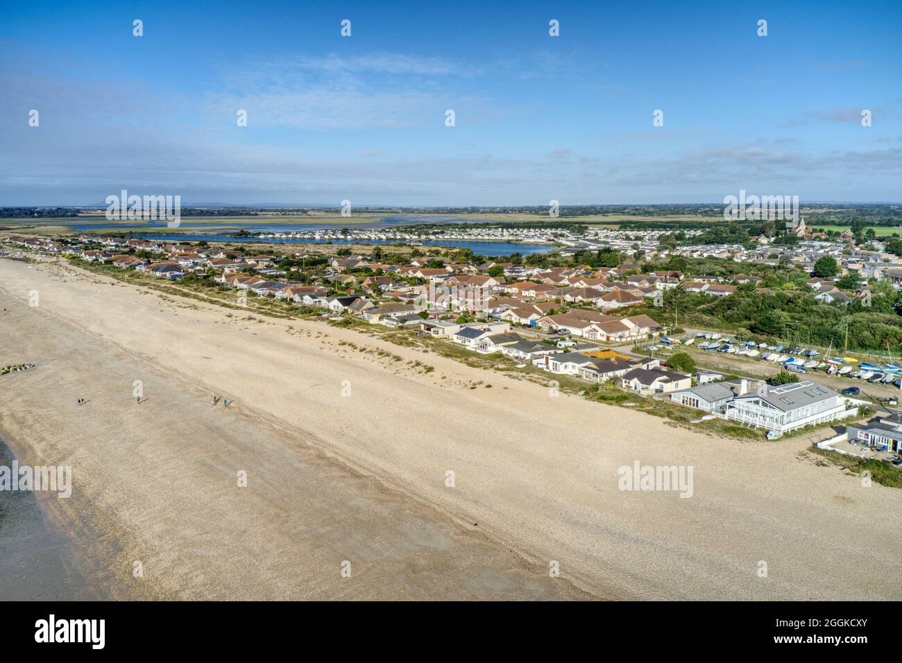 Aerial view along Pagham beach in West Sussex, with the Pagham Lagoon