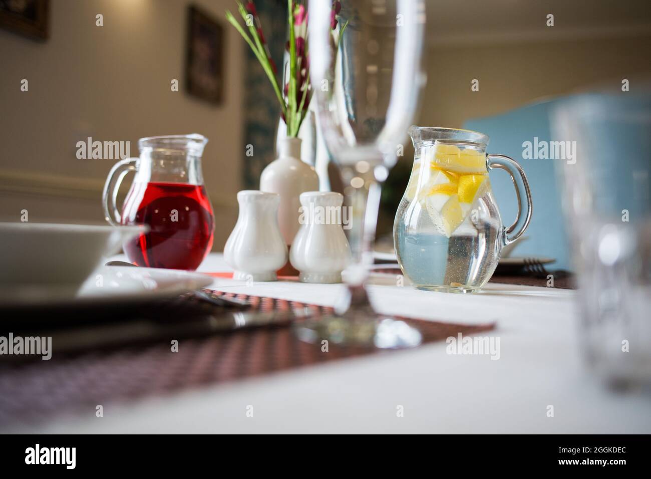 Selective of juice jars on the tabl Stock Photo Alamy