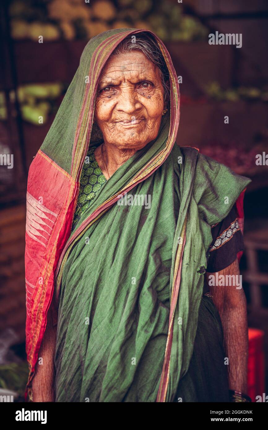 Portrait of Indian people, old woman with sari Stock Photo