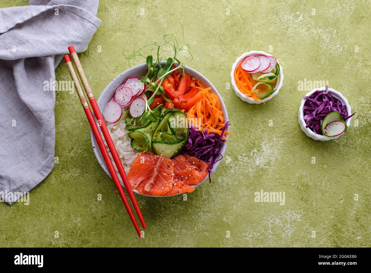 Hawaiian poke bowl with salmon, rice and vegetables Stock Photo - Alamy