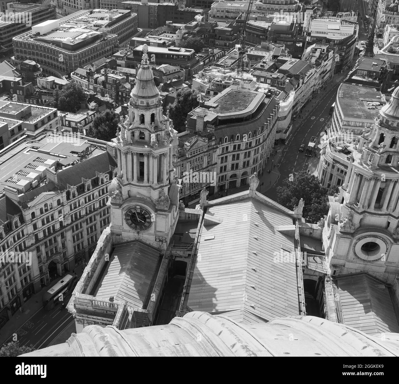London, Greater London, England, August 24 2021: View from St Pauls Cathedral including its buildings on St Pauls Churchard and Ludgate Hill Stock Photo