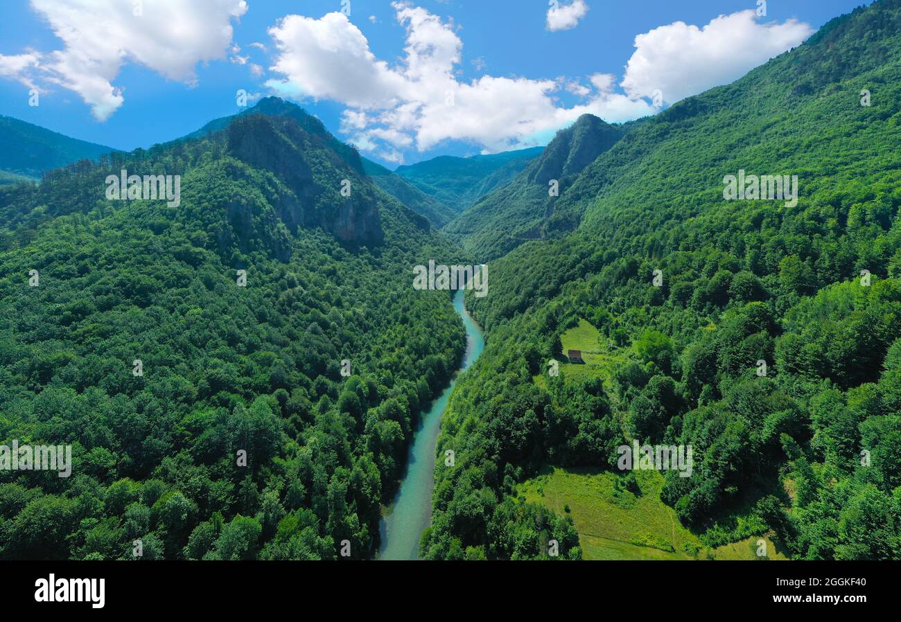 Tara river in the mountains of Montenegro, aerial view Stock Photo