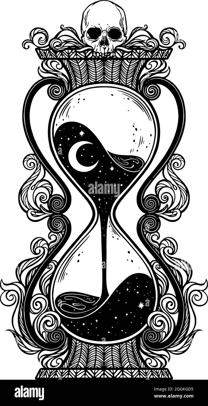 Antique Hourglass illustration with skull and stars. Memento mori Stock