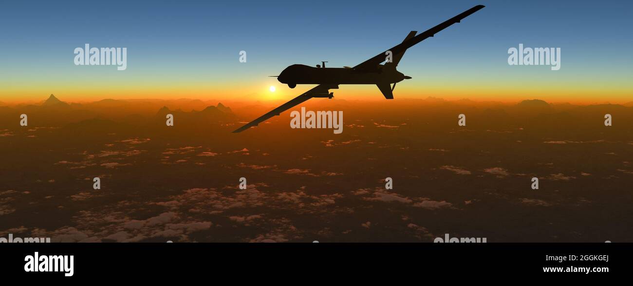Aerial view and silhouette of a military drone flying over a mountain range at sunset. Military mission and target. 3d rendering Stock Photo