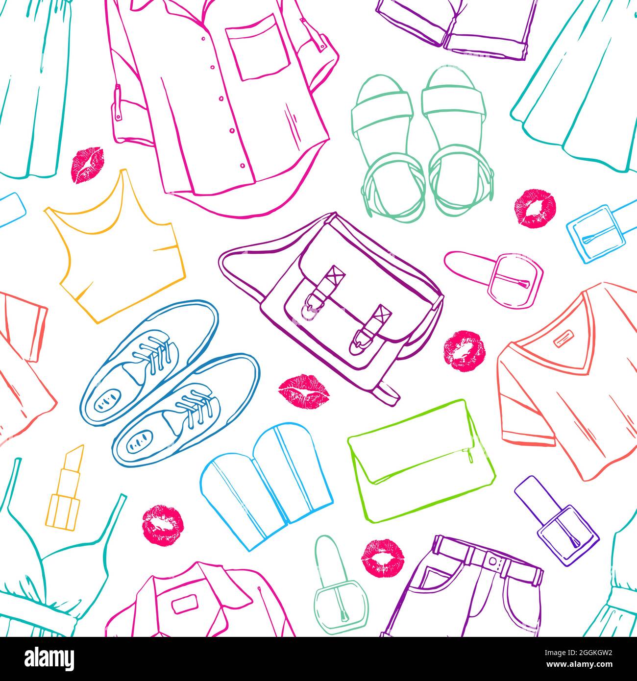 seamless background with various women's colorful clothing and accessories Stock Vector