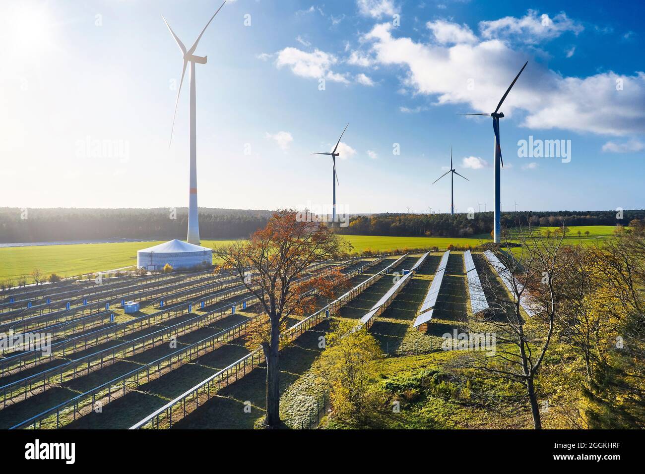 Energy industry, sustainability, wind energy and solar energy, solar field and wind farm, back light Stock Photo