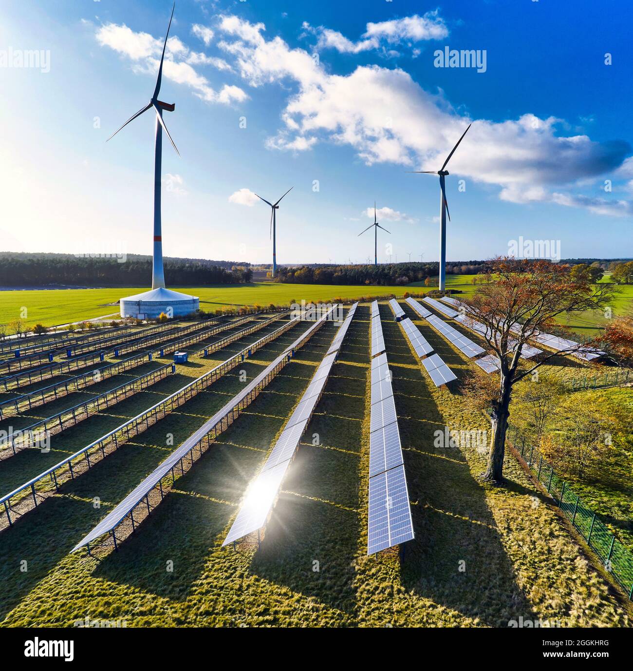 Energy industry, sustainability, wind energy and solar energy, solar field and wind park, solar reflection on solar panel Stock Photo