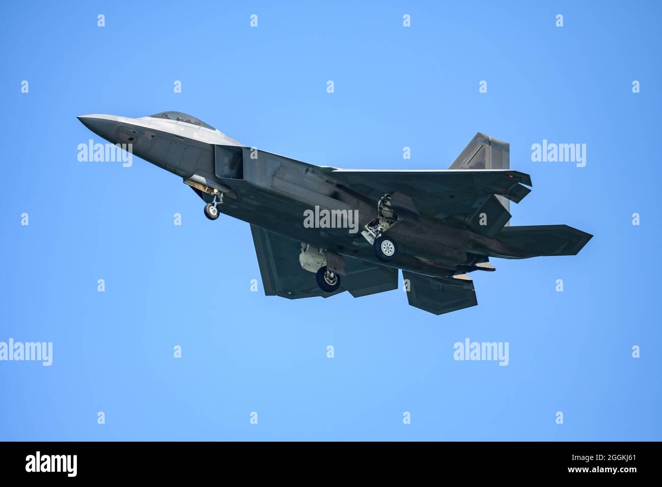 Lockheed Martin F-22 Raptor flying over. Portland, Oregon, USA. Stock Photo