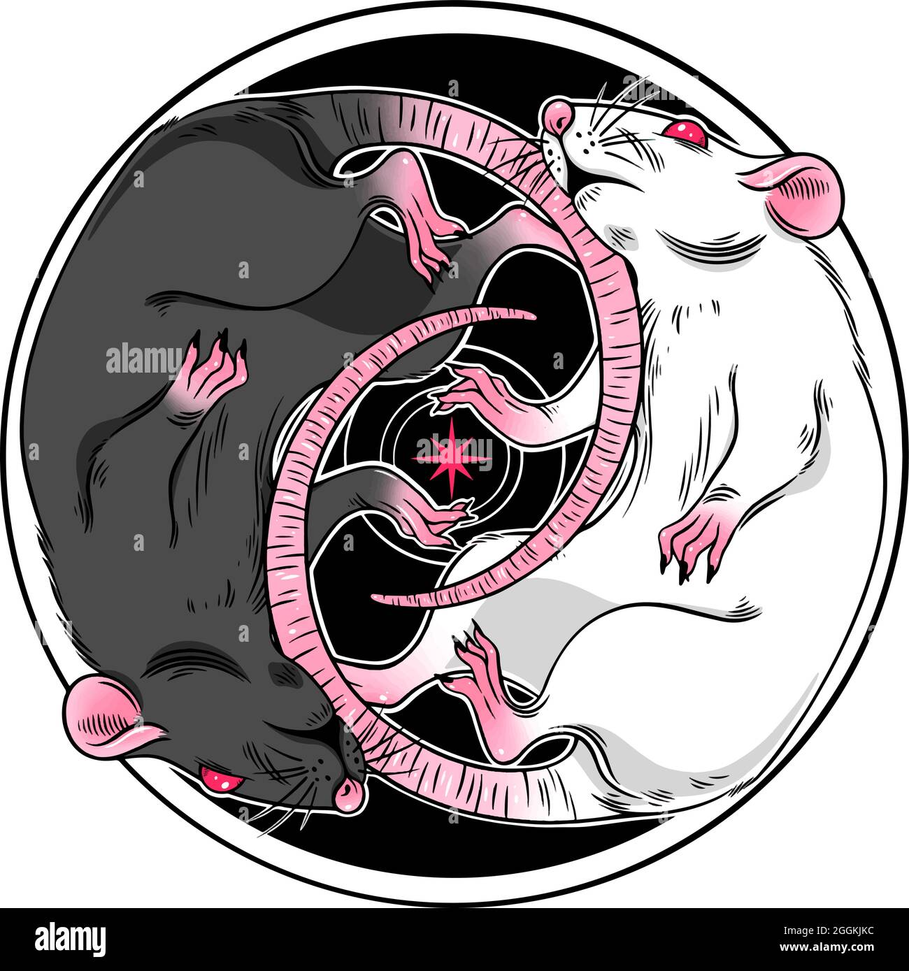 Two cute black and white dark magic rats illustration Stock Vector