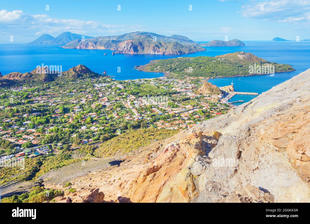 View of Aeolian Islands archipelago from Gran Cratere, Vulcano Island, Aeolian Islands, Sicily, Italy Stock Photo
