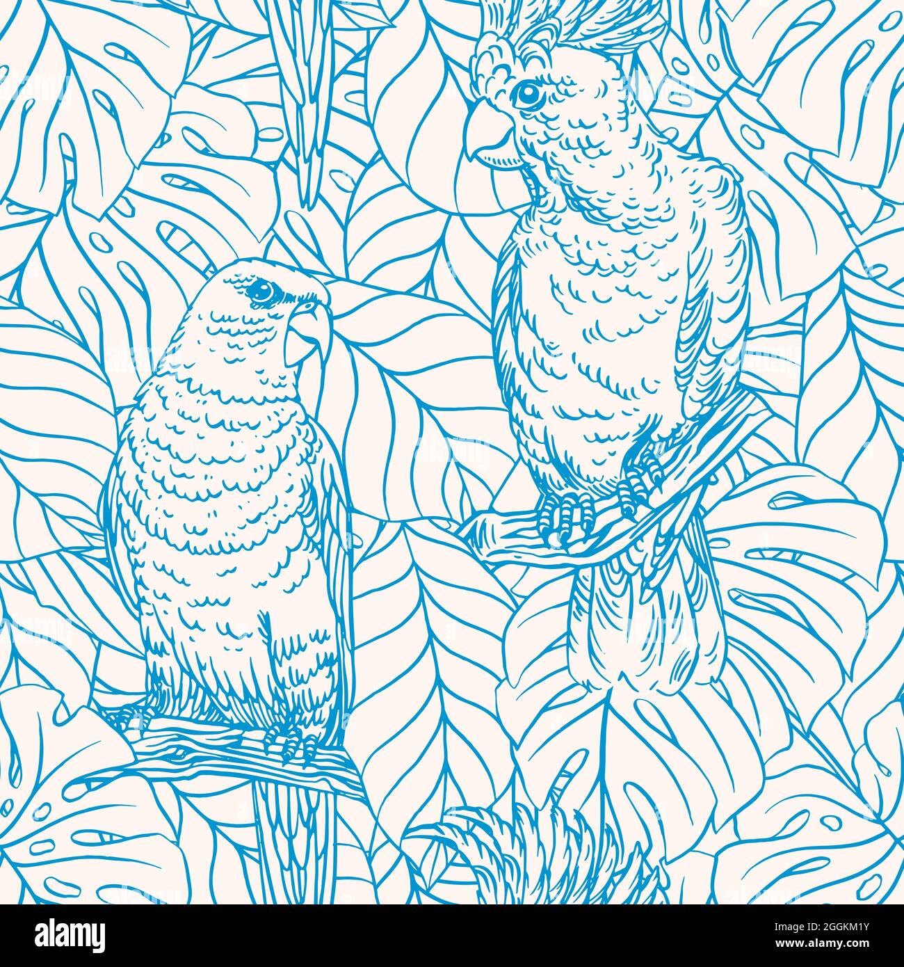 Beautiful seamless background with blue parrots and palm leaves Stock ...