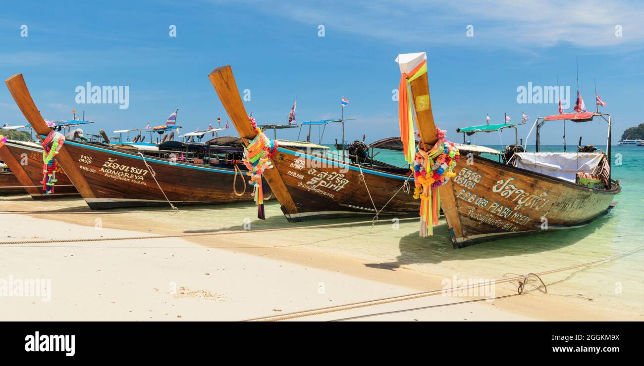 Longtail boats on Ton Sai Beach, Ko Phi Phi Don, Krabi, Thailand, Andaman Sea, Indian Ocean, Asia Stock Photo