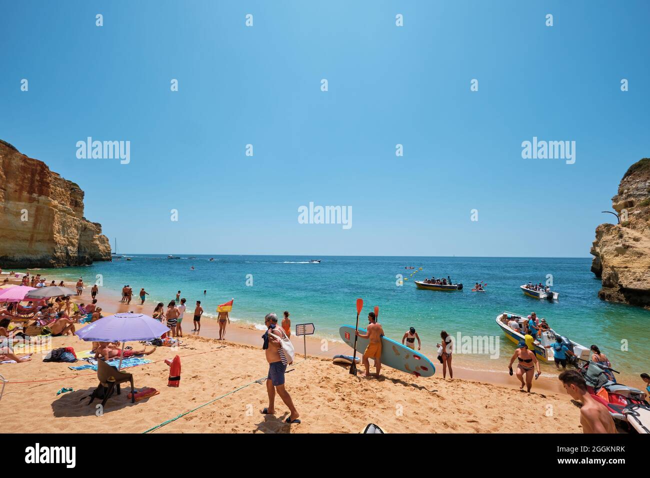 Algarve, Portugal-August 17, 2021. Famous Benagil beach in the Algarve Portugal. landscape in one of the main tourist destinations in Europe. The beac Stock Photo