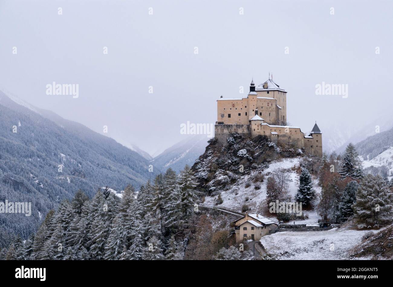 Tarasp castle close to the Swiss village Scuol Stock Photo