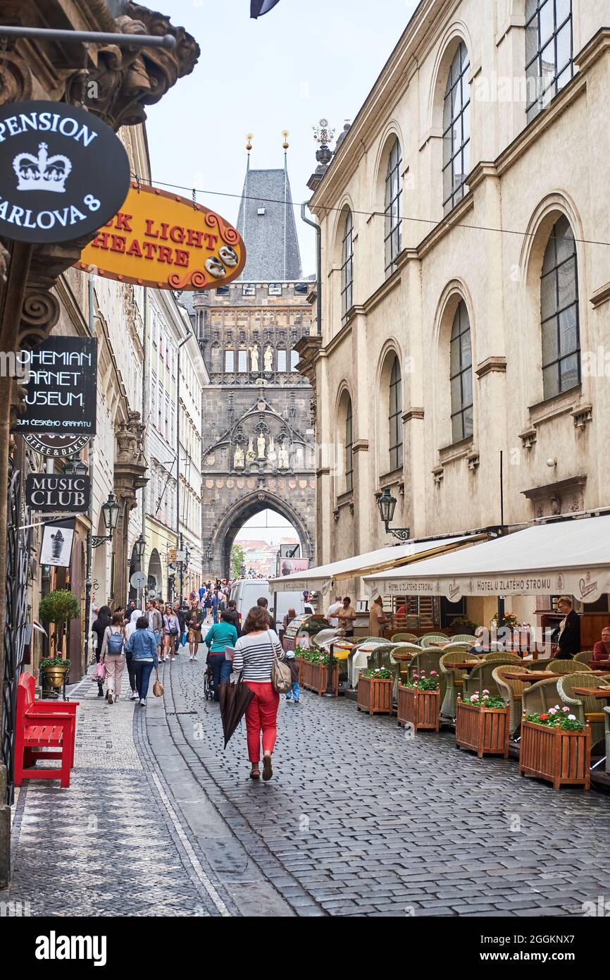 Prague, Czech Republic - August 9, 2021. Shops in the streets of the old town of Prague Stock Photo