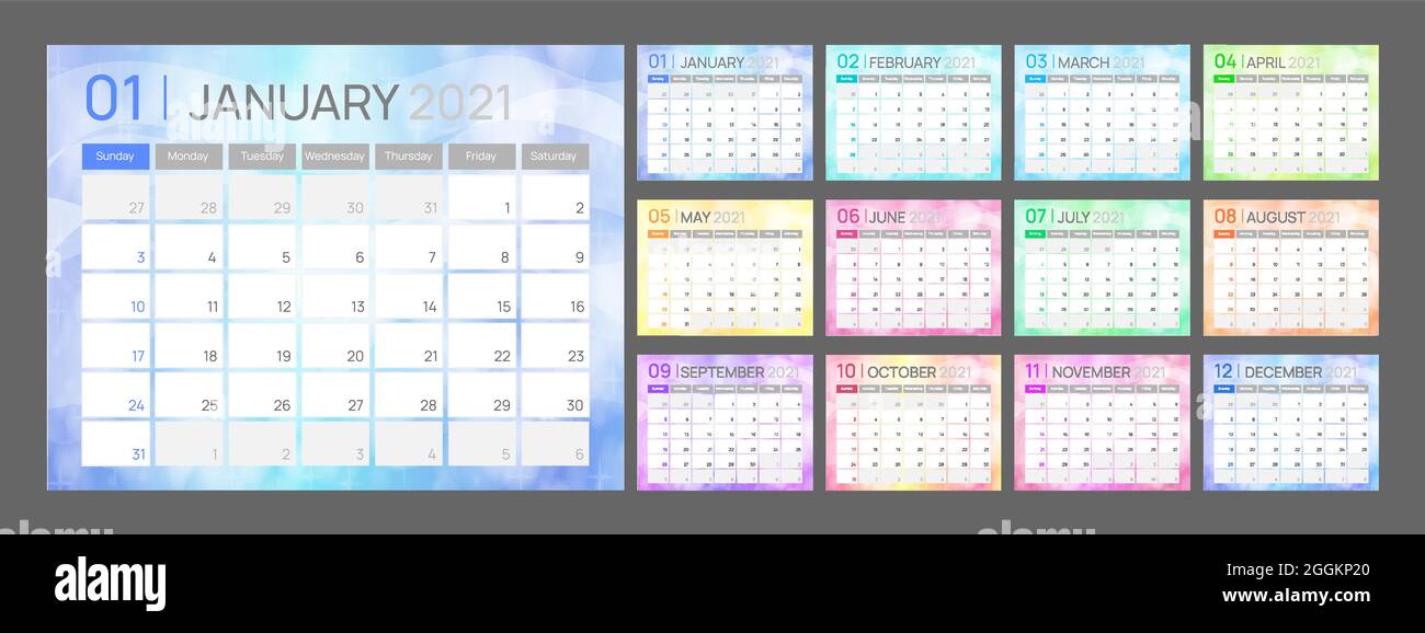 Colorful 2021 Calendar Design with Color Gradient Stock Vector Image ...