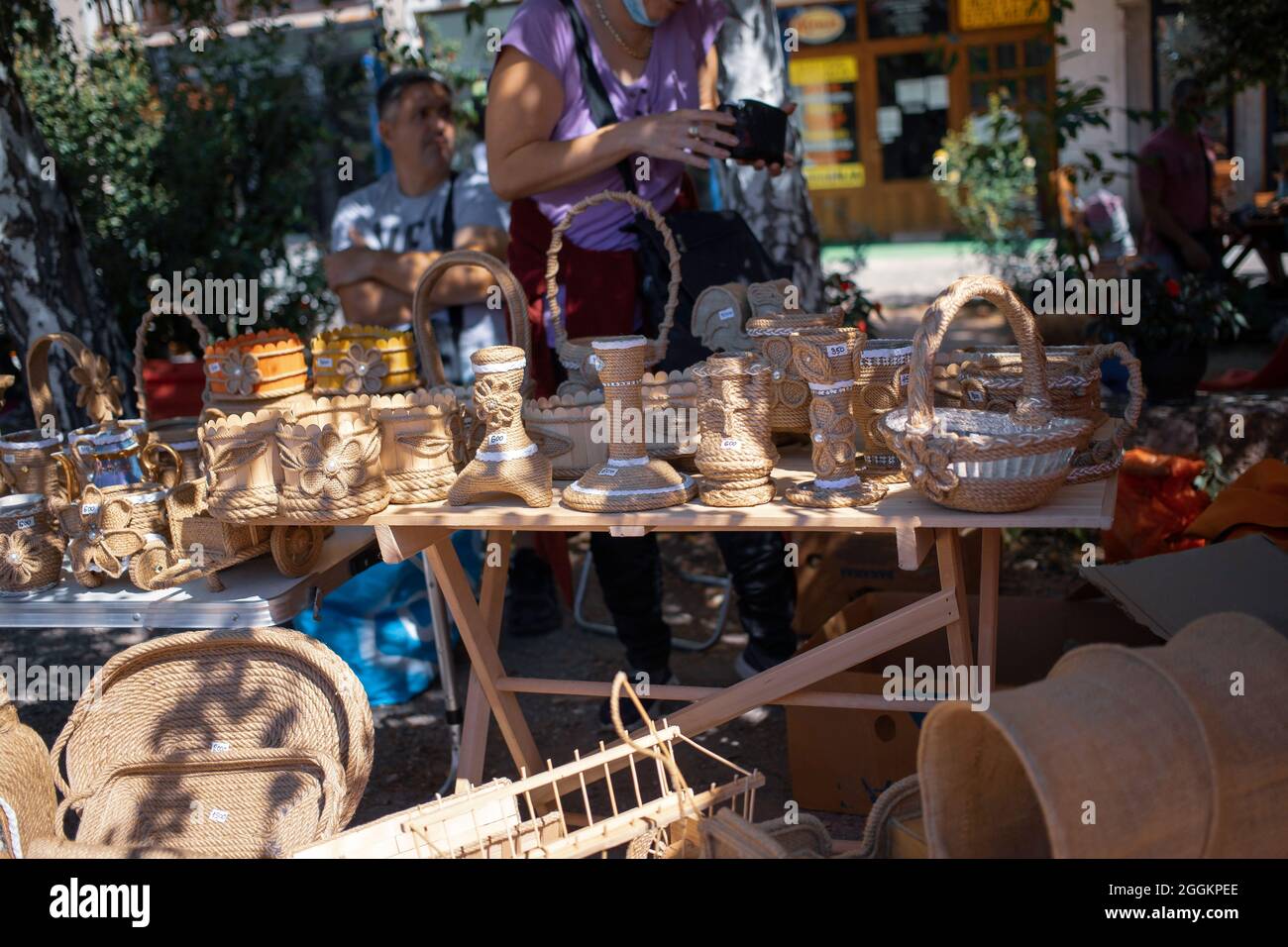 Handicrafts displayed for sale at a village fair Stock Photo