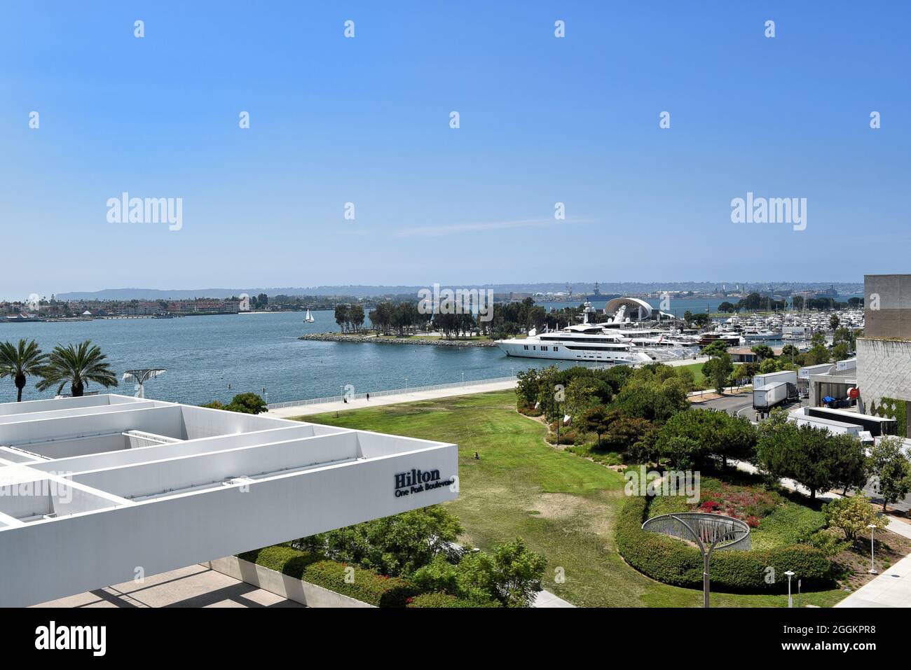 SAN DIEGO, CALIFORNIA - 25 AUG 2021: View of the bay and Embarcadero Marina from the Hilton Bayfront Hotel. Stock Photo