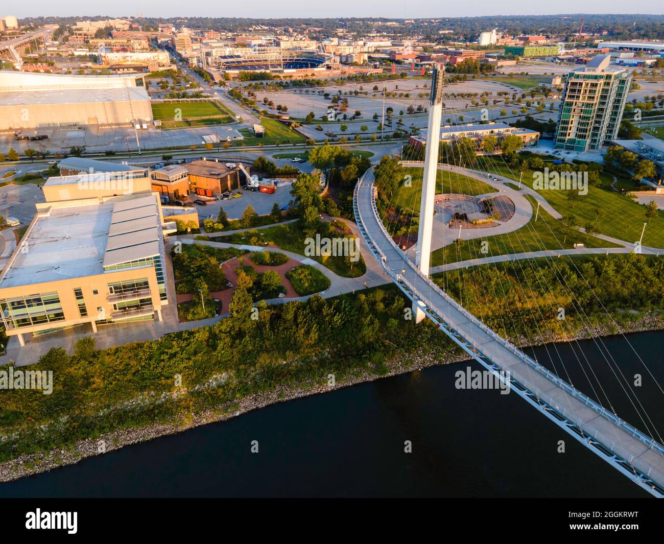 Aerial photograph of the Bob Kerrey Pedestrian Bridge that spans the