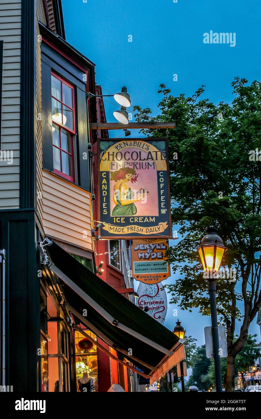 BAR HARBOR, MAINE, USA - JULY 09, 2013: Sign for Chocolate Emporium in down town view from street Stock Photo