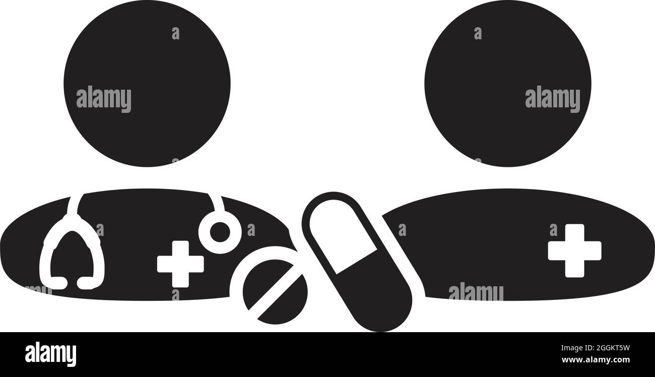 Healthcare icon doctor with patient vector with pill and tablet for medical treatment and consultation in a glyph pictogram illustration Stock Vector