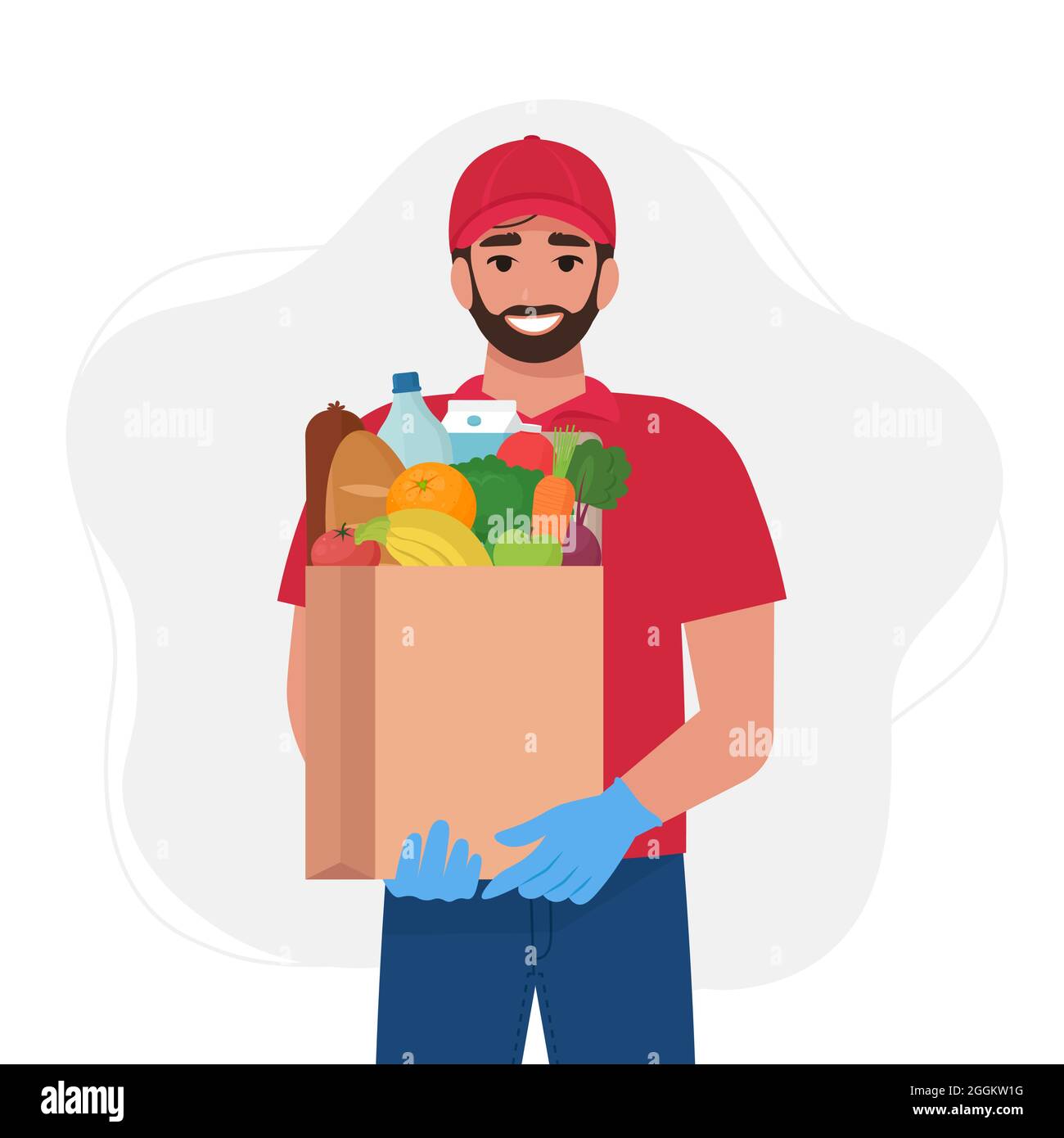 Courier in uniform with food in a paper bag. Food delivery services